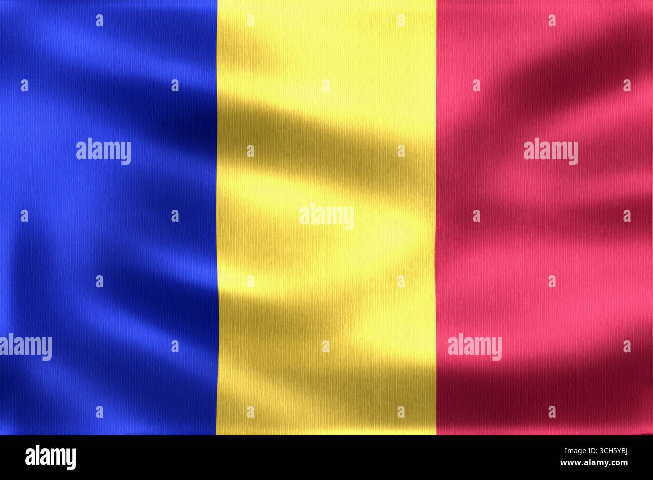Die Flagge Rumäniens winkt stolz im Wind und zeigt leuchtende Farben in Blau, Gelb und Rot, die nationale Identität und Patriotismus symbolisieren Stockfoto