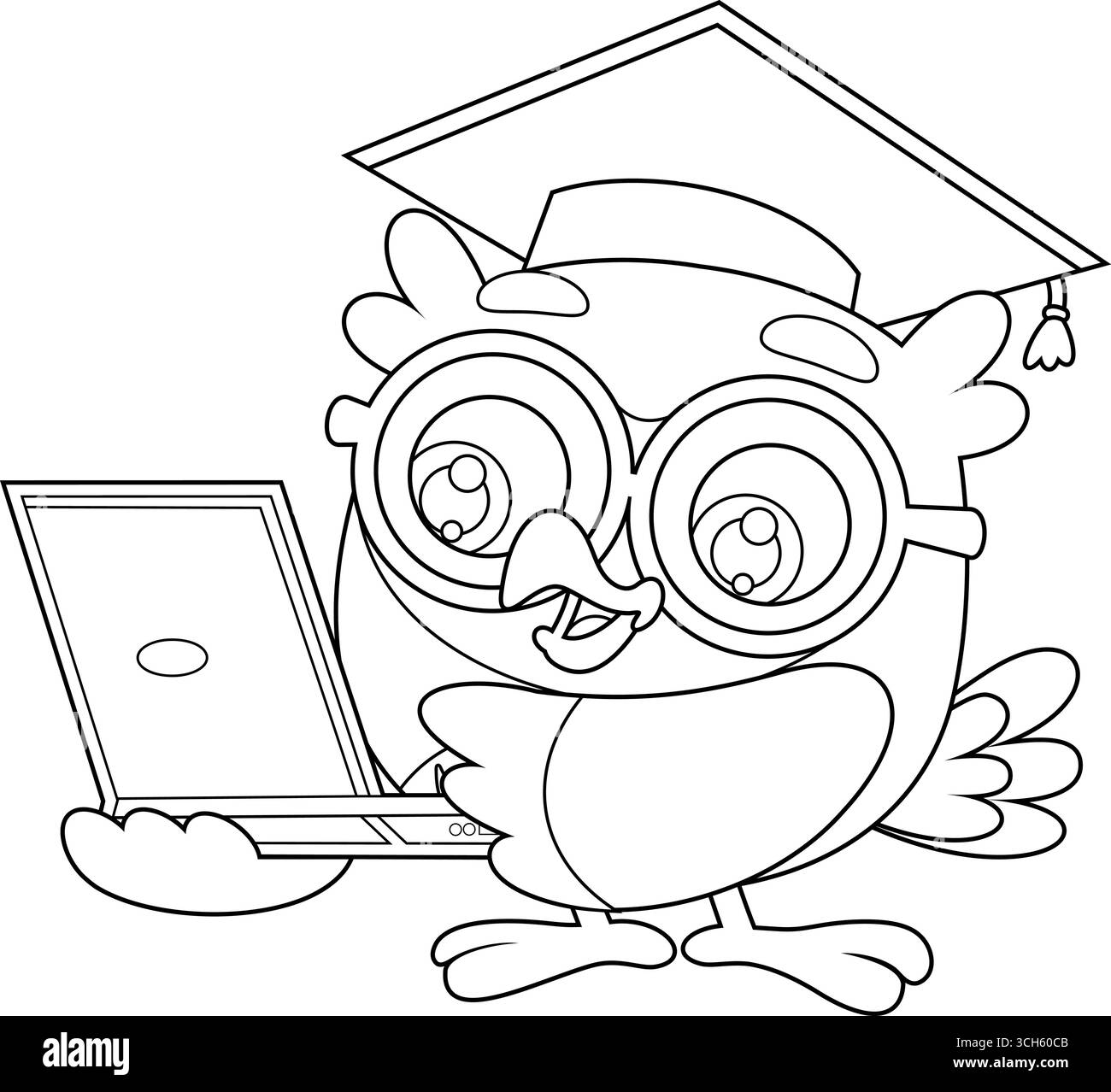 Eulenlehrer Cartoon Figur Mit Laptop Teaching Online. Schwarz-weiß-Vektor-handgezeichnete Illustration isoliert auf transparentem Hintergrund Stock Vektor