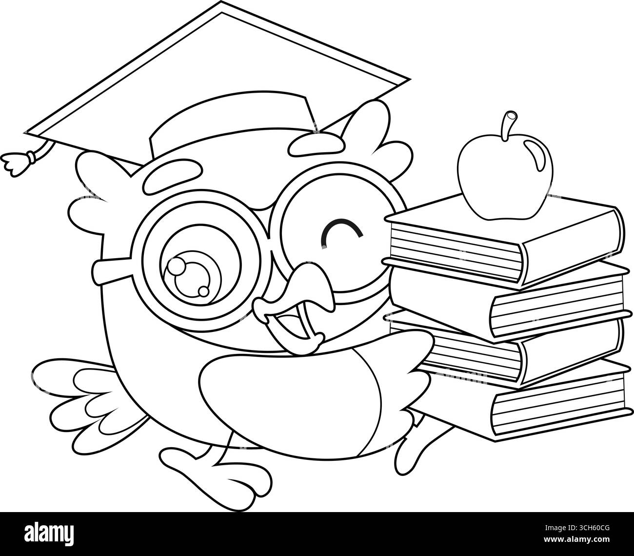 Niedliche Eulen-Lehrer-Zeichentrickfigur, Die Mit Büchern Und Apfel Läuft. Schwarz-weiß-Vektor-handgezeichnete Illustration isoliert auf transparentem Hintergrund Stock Vektor