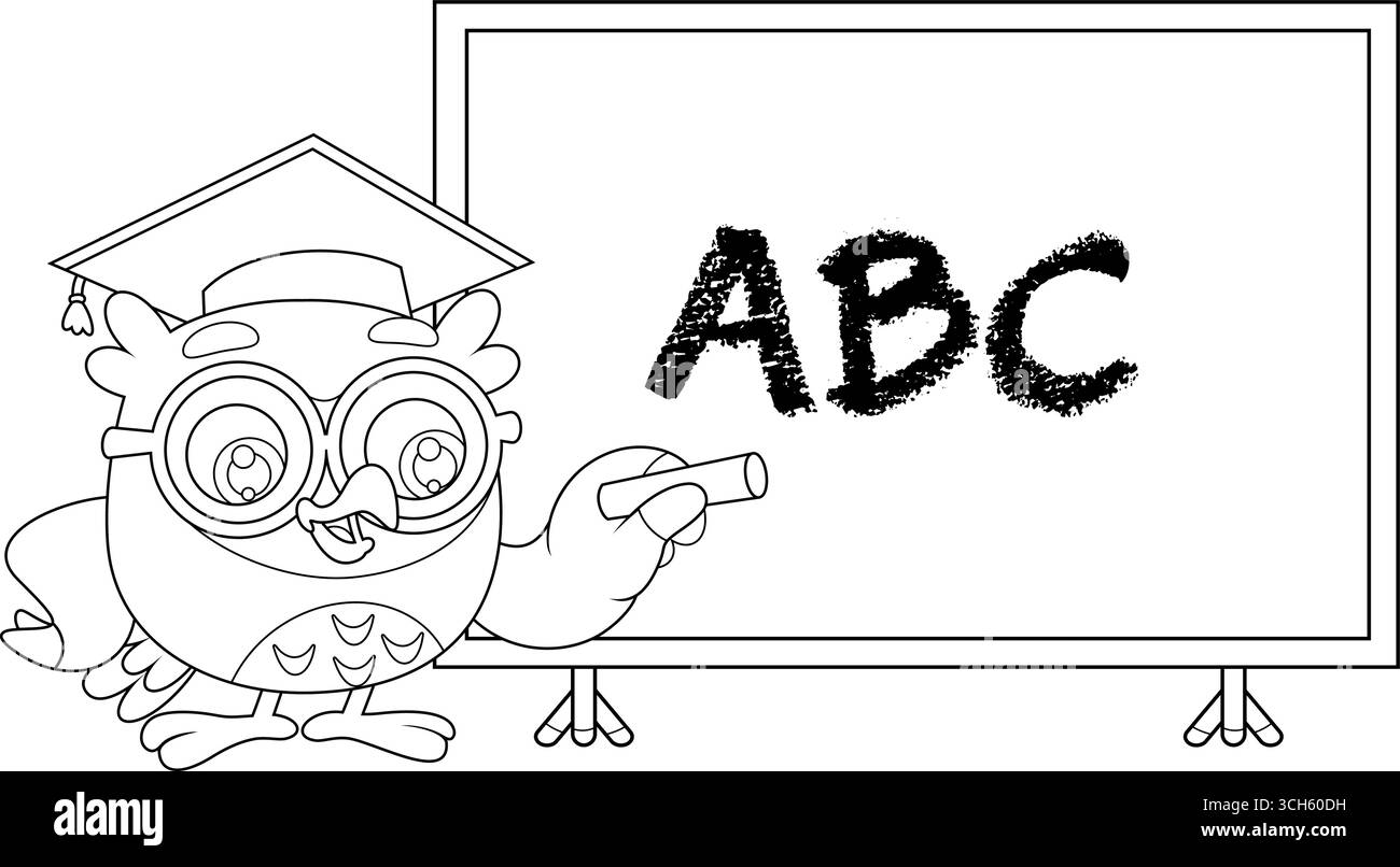 Niedliche Eulen-Lehrer-Cartoon-Figur, die ABC auf Tafel schreibt und Lehrstunde gibt. Schwarz-weiß-Vektor-handgezeichnete Illustration Stock Vektor