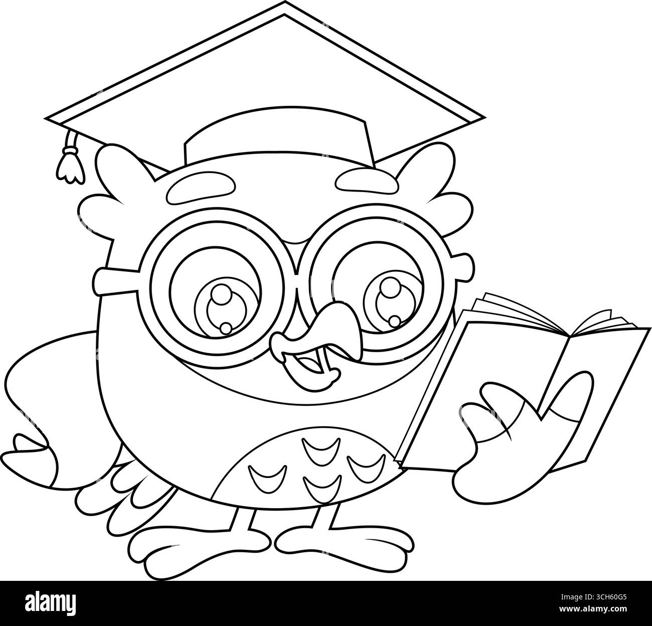 Der Süße Eulenlehrer Cartoon-Charakter Liest Lehrbuch. Schwarz-weiß-Vektor-handgezeichnete Illustration isoliert auf transparentem Hintergrund Stock Vektor