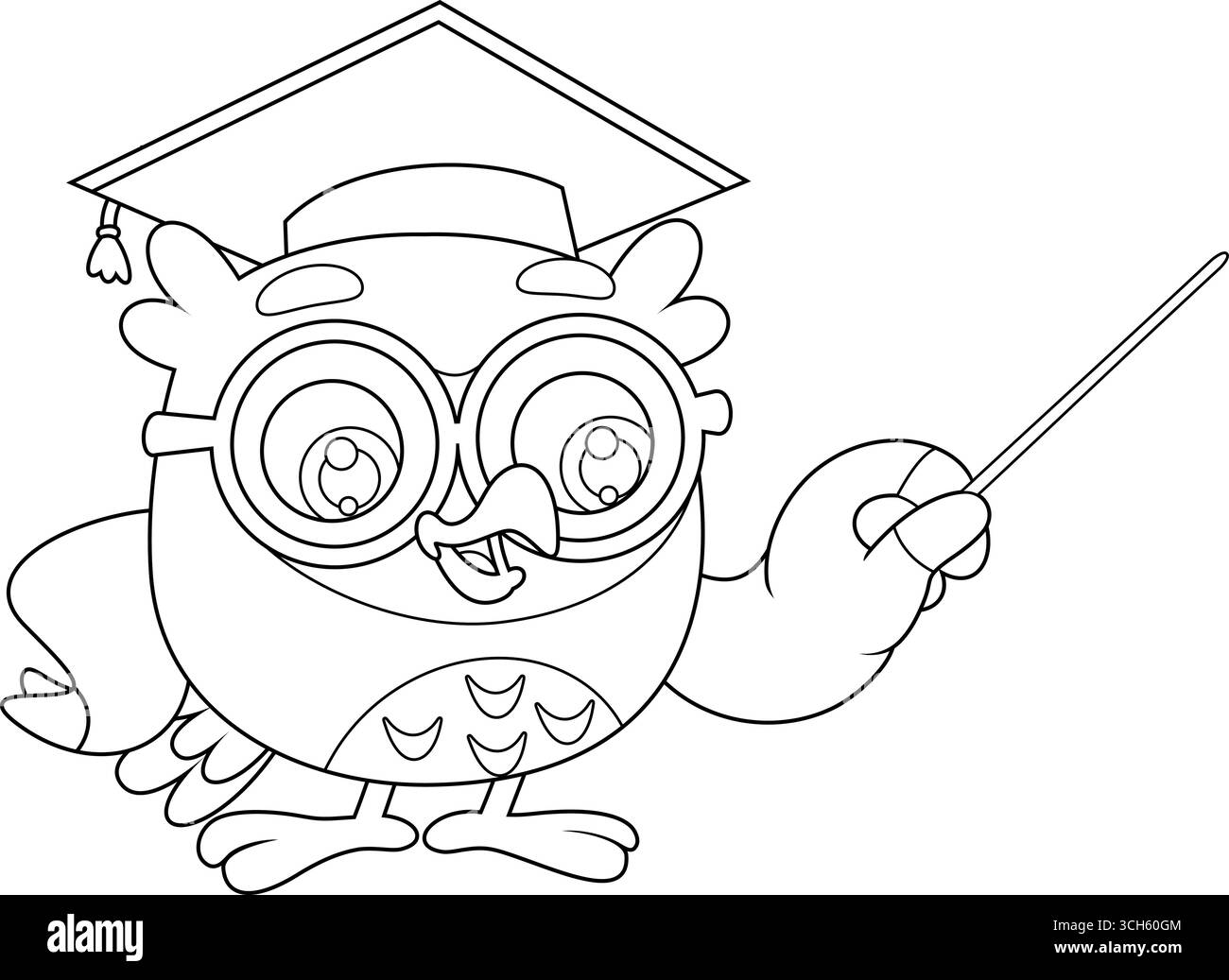 Eulenlehrer Cartoon Figur Zeigt Mit Zeiger Stick. Schwarz-weiß-Vektor-handgezeichnete Illustration isoliert auf transparentem Hintergrund Stock Vektor