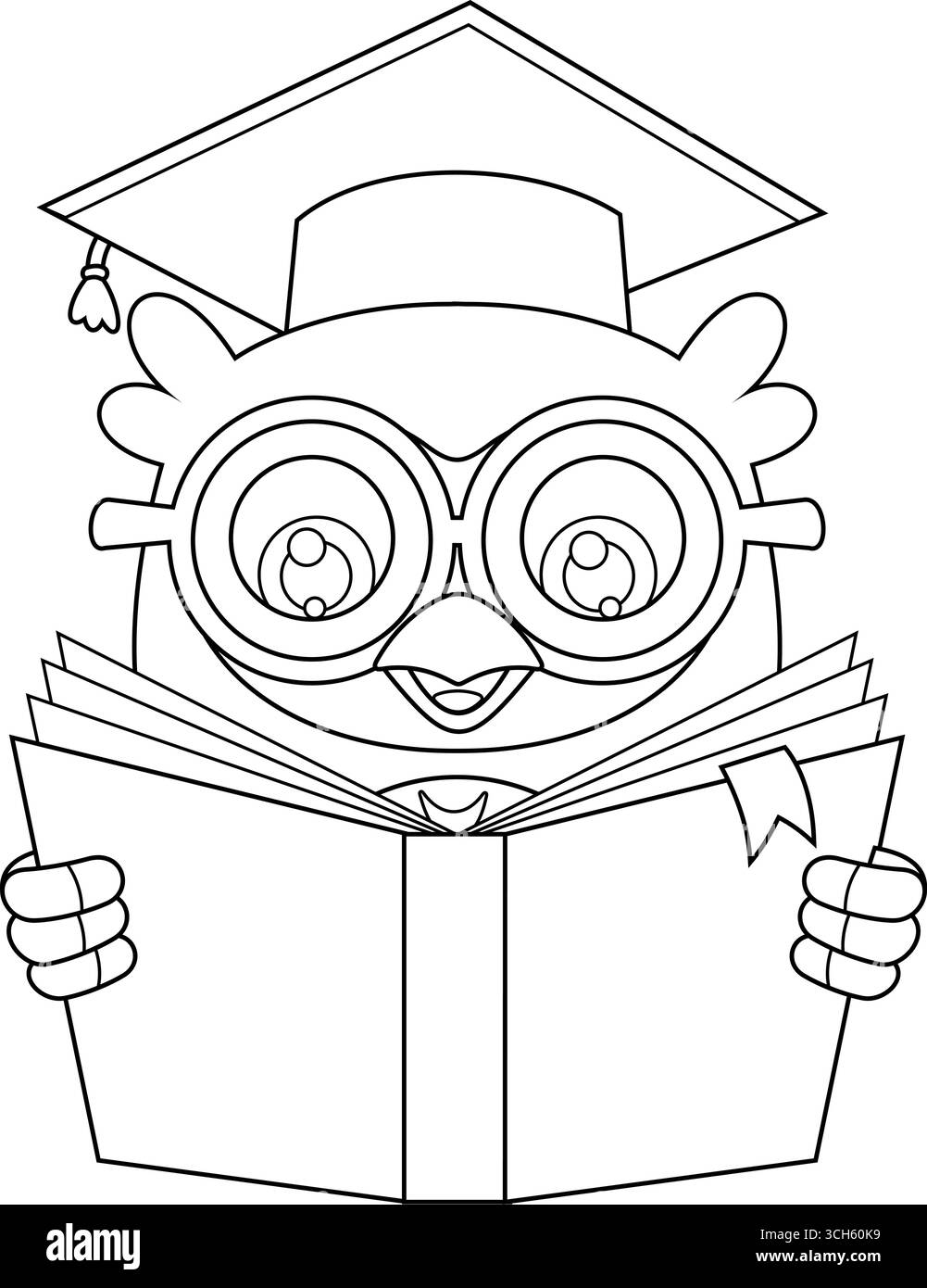 Eulen-Lehrer-Cartoon-Figur Liest Laut Aus Dem Lehrbuch Im Klassenzimmer. Schwarzweiß Stock Vektor