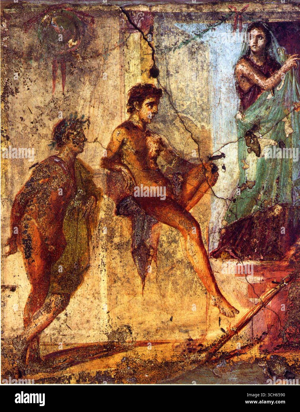 Szene aus der Tragödie Iphigenie in Tauris von Euripides. Im Zentrum von Orestes, links Pyladen, rechts Iphigeneia. Antikes Fresko aus Pompeji Stockfoto