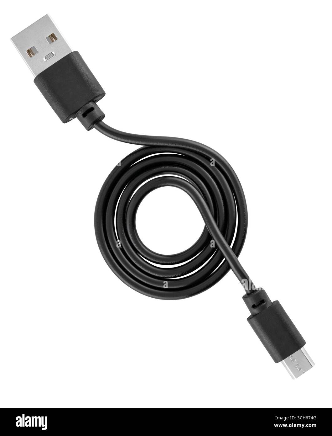 Schwarzes Kabel mit Micro-USB- und USB-Anschlüssen, auf weißem Hintergrund in Isolierung Stockfoto