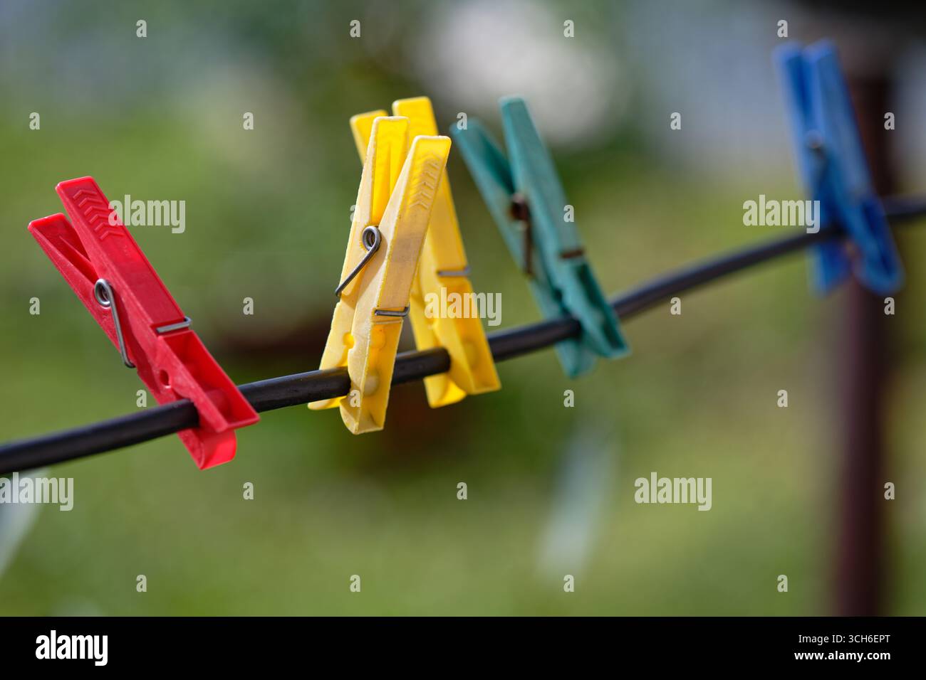 Nahaufnahme von an einem Draht hängenden Kleiderschränken vor einem unscharfen grünen natürlichen Hintergrund, Outdoor-Konzept für Frühling oder Sommer. Stockfoto