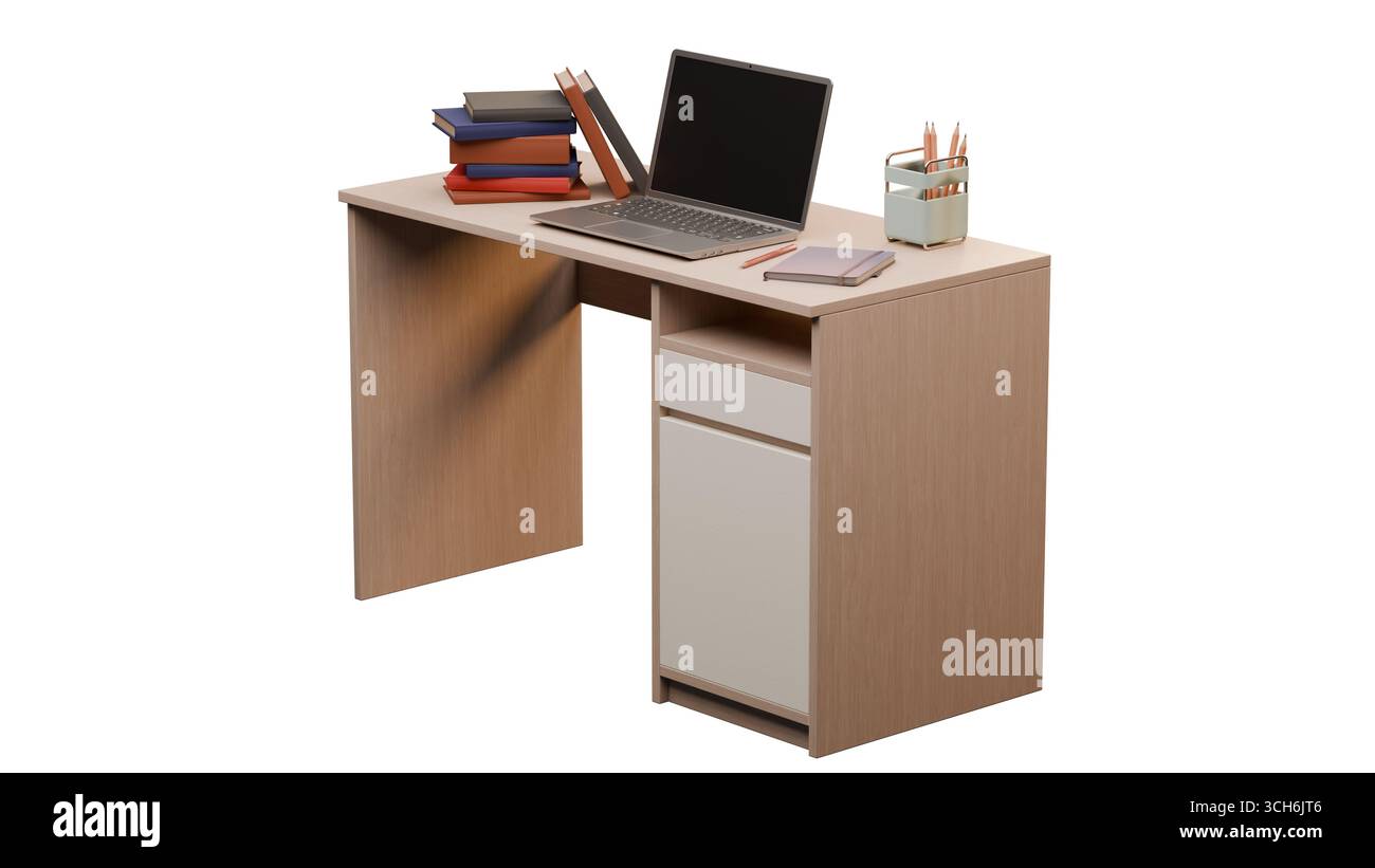 Gerendertes Bild eines Schülerpults mit Laptop, gestapelten Büchern und Bleistifthalter, isoliert auf weißem Hintergrund. Ideal für den Bildungsbereich, den Arbeitsplatz und zurück Stockfoto