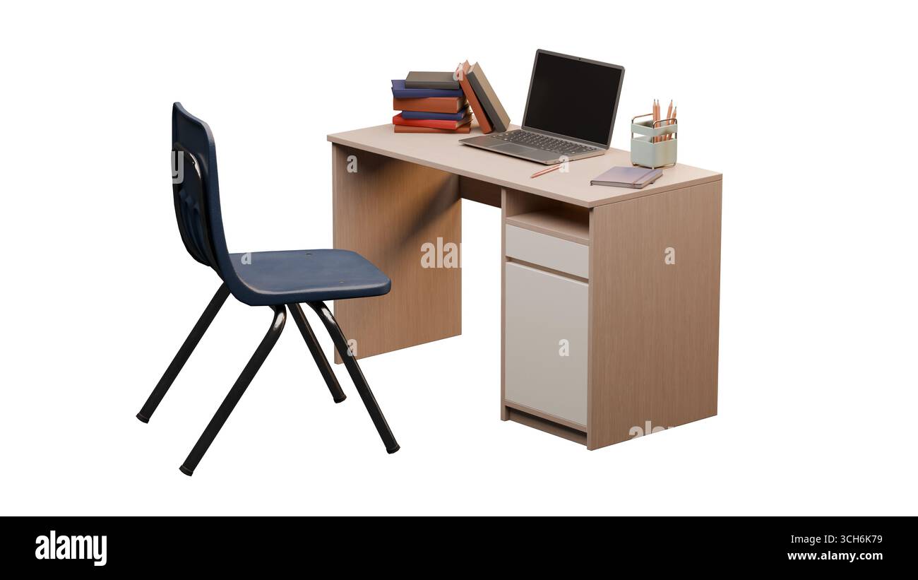 Gerenderter Schulpult mit Laptop, Bücherstapel, Bleistifthalter und Stuhl, sauber platziert, isoliert vor weißem Hintergrund. Perfekt für Bildungszwecke, Stockfoto