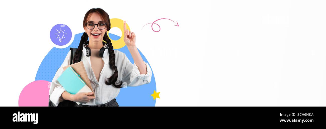 Schüler verkörpert Begeisterung für das Lernen in einem collagenartigen Hintergrund Stockfoto