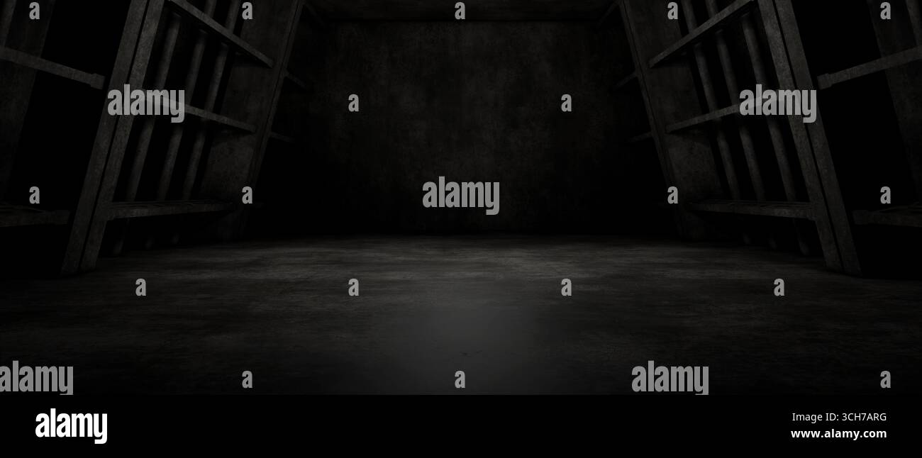 Ein dramatisches, hochauflösendes Bild eines dunklen Betonkorridors mit abgewinkelten Metallstrukturen. Ideal als Science-fiction-Hintergrund, für Spieldesign oder für Stockfoto