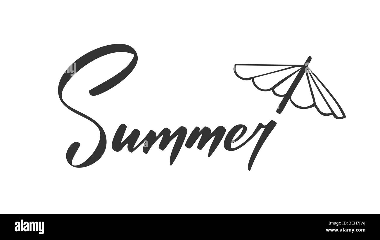 Handgeschriebenes Wort Sommer in schwarzer Tinte in der Nähe eines einfachen Strandschirms. Skizzierstil mit lässigem Schriftzug, Doodle-Urlaubselement, verspielter sonniger Atmosphäre, entspanntes, saisonales tropisches Thema mit warmen Stimmungsakzenten Stock Vektor