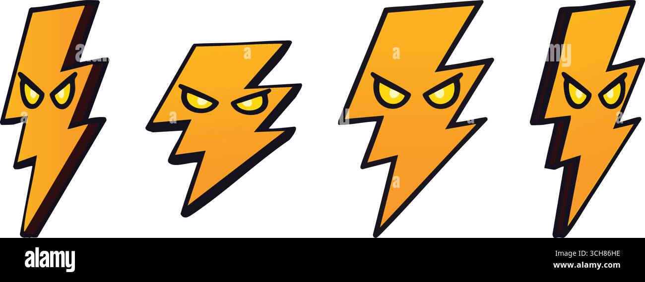 Drei gelbe Bolzen mit Cartoon-Ausdrücken auf einem weißen Banner sorgen für eine energische Comic-Atmosphäre. Stock Vektor