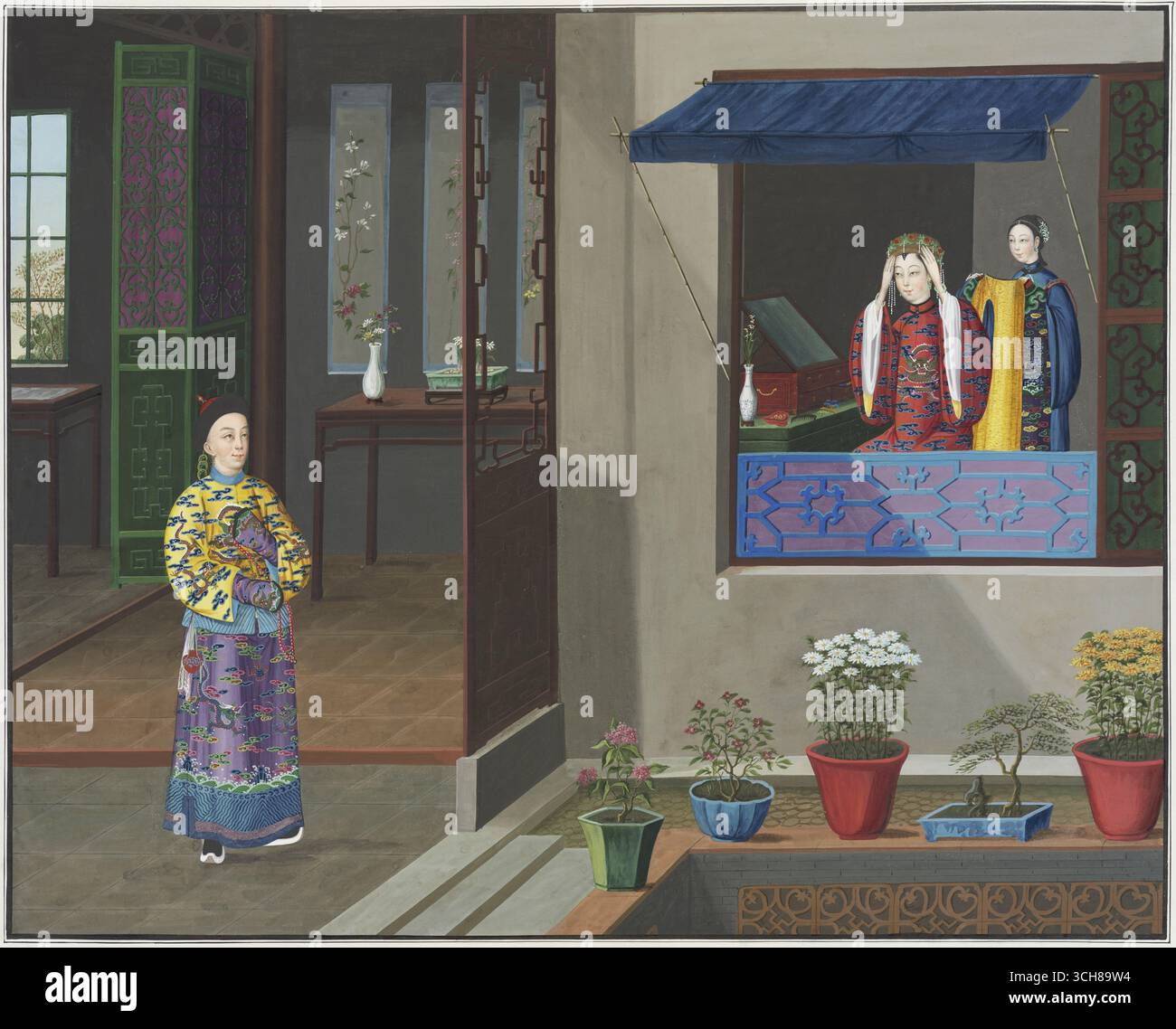 Kaiser wartet auf Consort im Fenster, Qing Palace Scene, Kanton Export Album Stockfoto