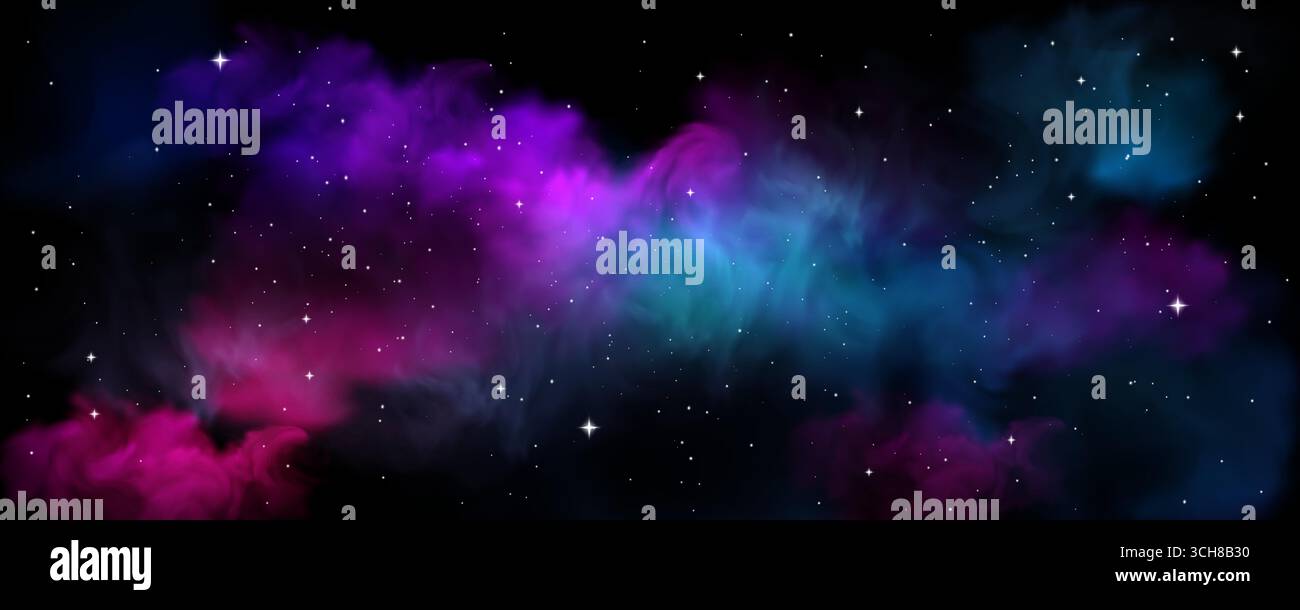 Kosmischer Nebel mit leuchtenden violetten und blauen Gaswolken - Raumhintergrund mit Sternen, Planetenatmosphäre und interstellarem Staub. Galaxy Scenes für fiktive Astronomie Hintergrundbilder und Universum Designs. Stock Vektor