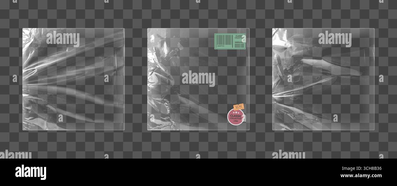 Transparentes Vinyl-Folienset aus Kunststoff – transparente Verpackungsmaterialien, glänzende Schutzfolien mit klassischem Aufkleber, grünes Barcode-Etikett, Preisschild für Einzelhandelsanzeigen für Lagerung und Versand. Stock Vektor