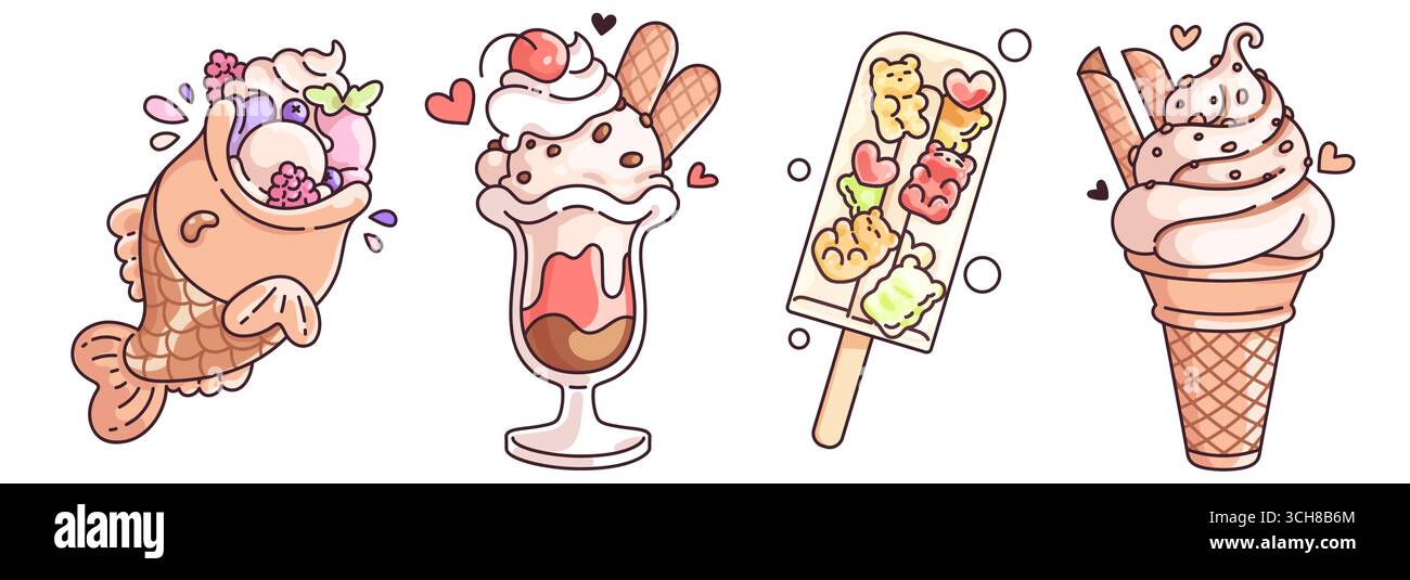 Kawaii Eisdesserts - Taiyaki-Waffeln gefüllt mit kalter Beerenbonbons, Eisbecher mit Kirsche und Keksen, Eis mit Gummibären dekoriert, weiche, wirbelförmige Kegel. Leckereien für das Sommerdesign. Stock Vektor