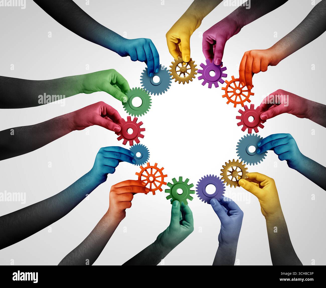 Verschiedene Teams, die sich als eine Gruppe verschiedener Personen zusammenschließen, um einen verbundenen Kreis zu bilden. Als Geschäftssymbol für den Erfolg der Zusammenarbeit. Stockfoto