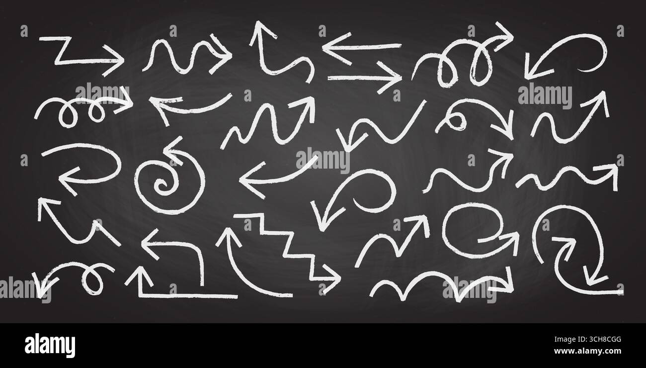 Kreide oder Kohle rustikale schmutzige Grunge Doodle Linie Pfeil Vektor Illustration Set. Stock Vektor
