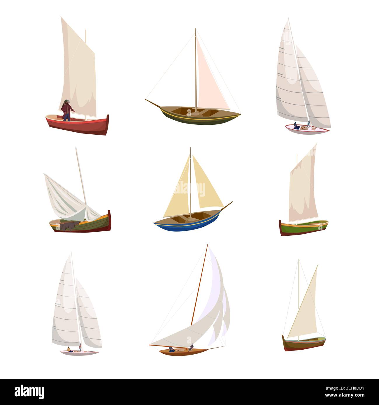 Set Segelboot und Yacht Retro Schiff, Fischerei, Reiseschiff Stock Vektor