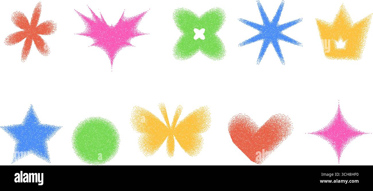 Gradientenformen. Geometrische Punktfiguren. Y2K Retro Herz, Stern und Kreis mit Blumenformen. Bunter Schmetterling, Krone auf weißem Hintergrund. Stock Vektor