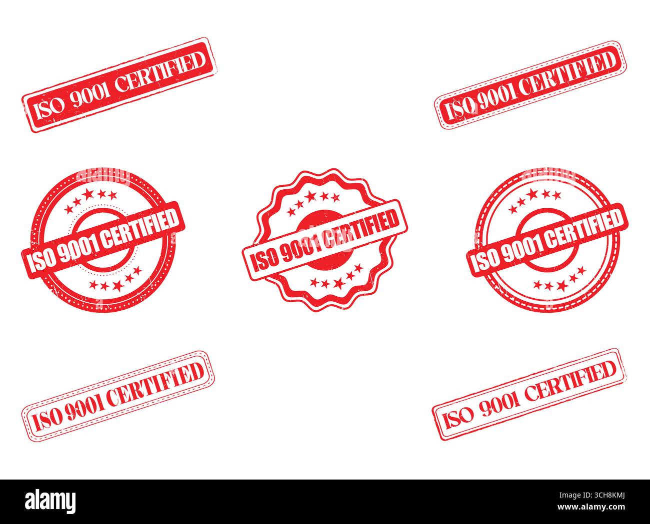 Eine Sammlung von ISO 9001-zertifizierten Gummistempeln und -Dichtungen Stock Vektor