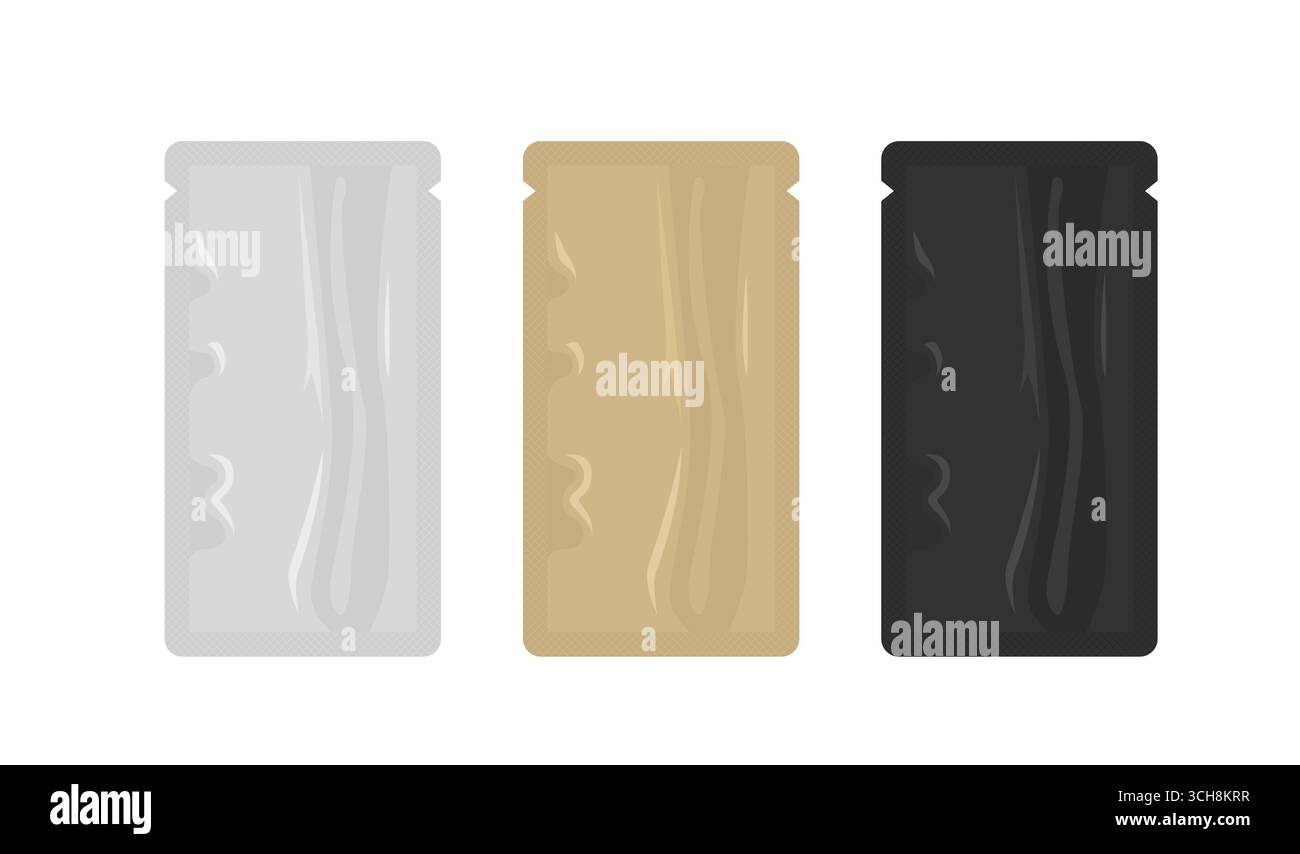 Silber-, Gold- und schwarze Folienbeutel, isoliert auf weißem Hintergrund, eignen sich perfekt für die Präsentation von Verpackungsdesigns für Lebensmittel, Kosmetik, Medizin und verschiedene Produkte Stock Vektor