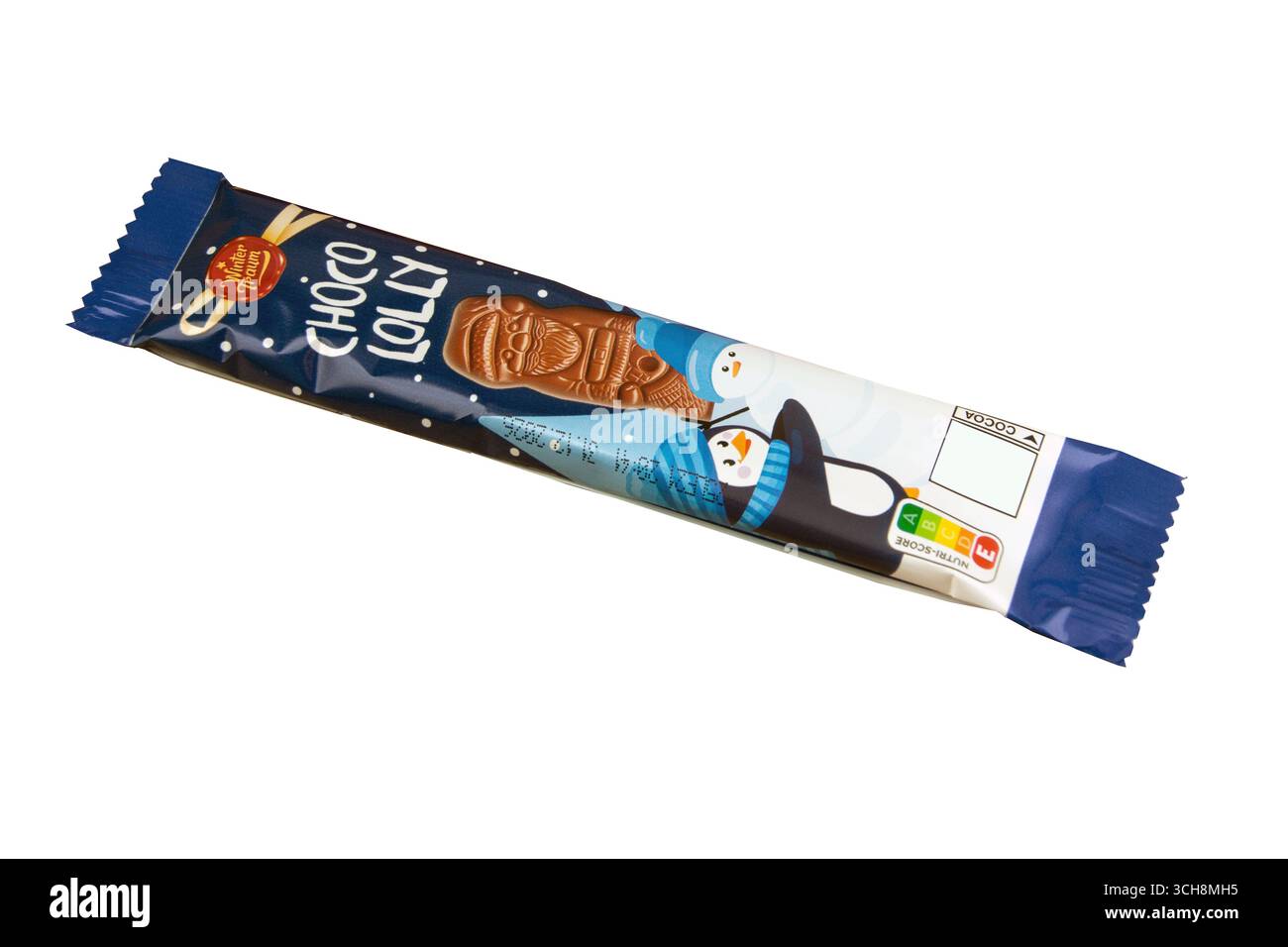 Choco Lolly Weihnachtsmann aus braun Schokolade am Stiel von der Firma Wintertraum Hintergrund weiß Stockfoto