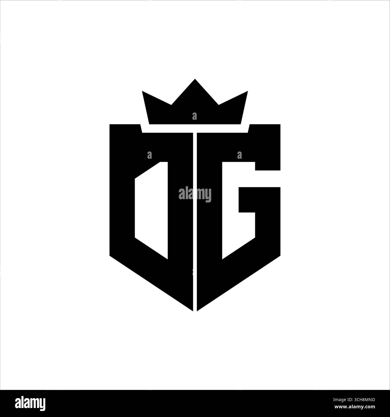 DG-Logo-Vektorbild eines Schildes mit scharfem geometrischem Stil mit spitzer Krone und dicker Schriftart Stock Vektor