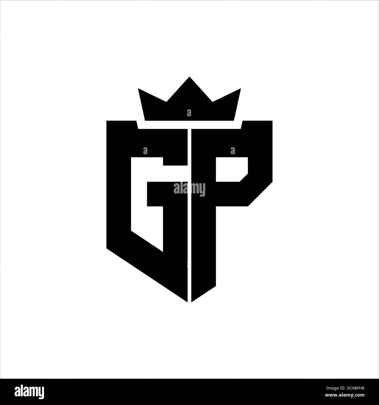 Vektorbild des GP-Logos eines Schildes mit einem scharfen geometrischen Stil mit einer spitzen Krone und dicken Schriftarten Stock Vektor