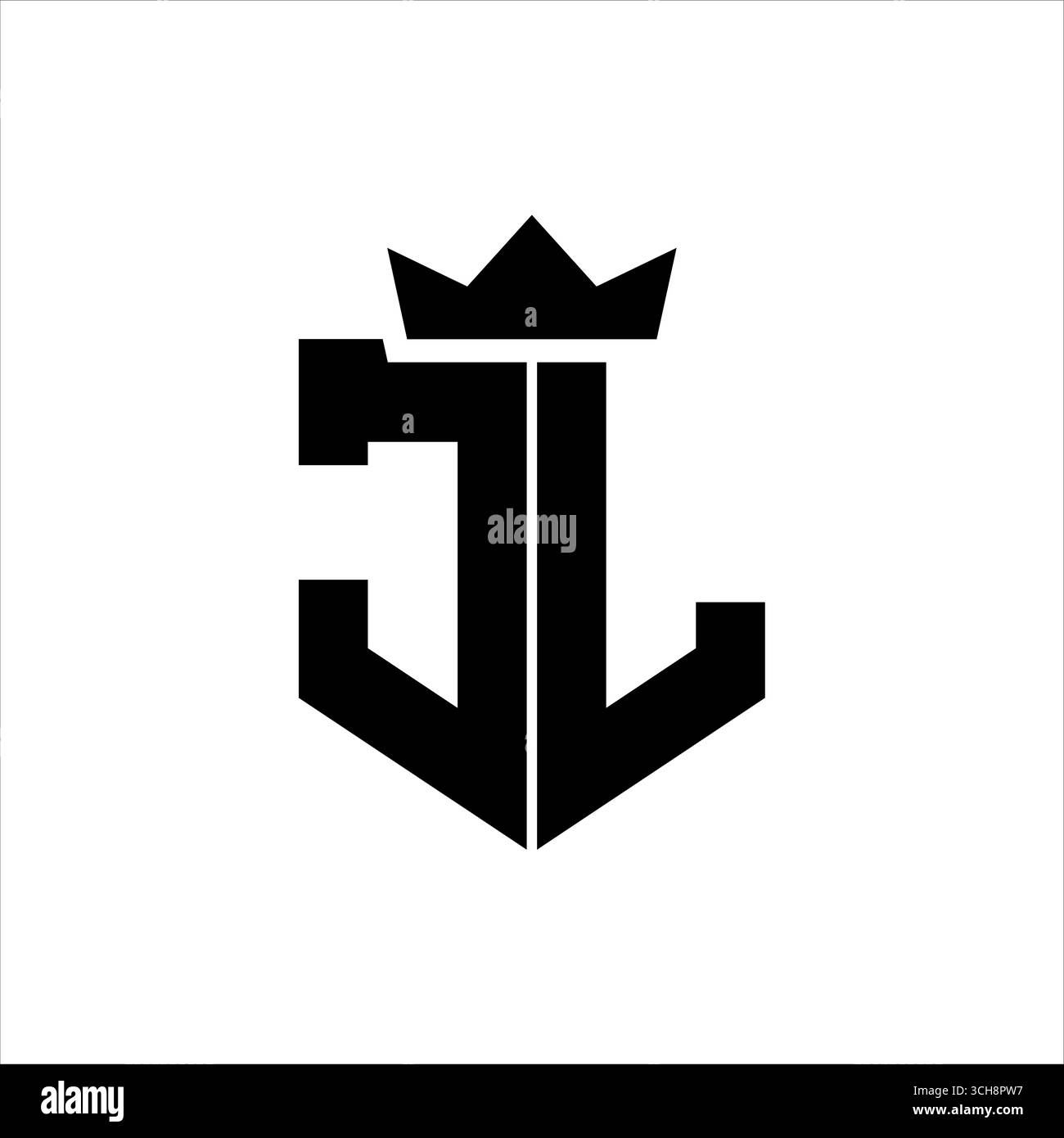 Vektorbild des JL-Logos eines Schildes mit einem scharfen geometrischen Stil mit einer spitzen Krone und dicken Schriftarten Stock Vektor