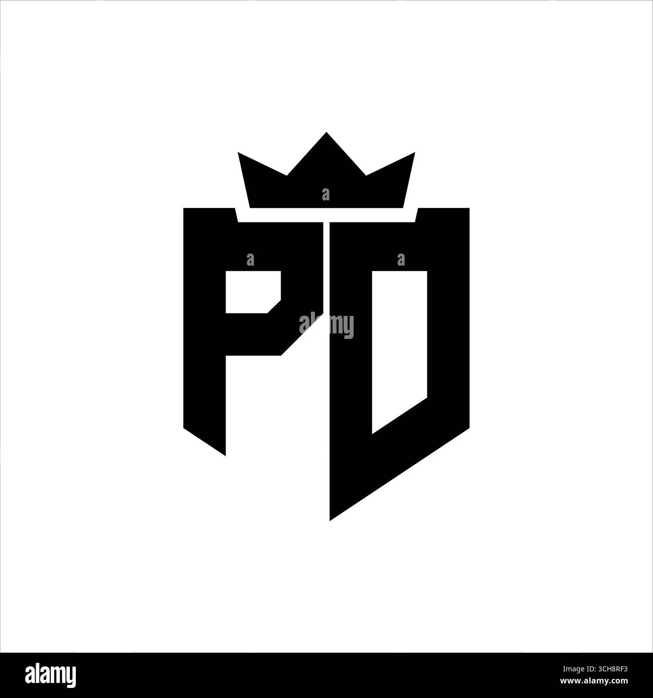 Po Logo Vektorbild eines Schildes mit einem scharfen geometrischen Stil mit einer spitzen Krone und dicken Schriftarten Stock Vektor