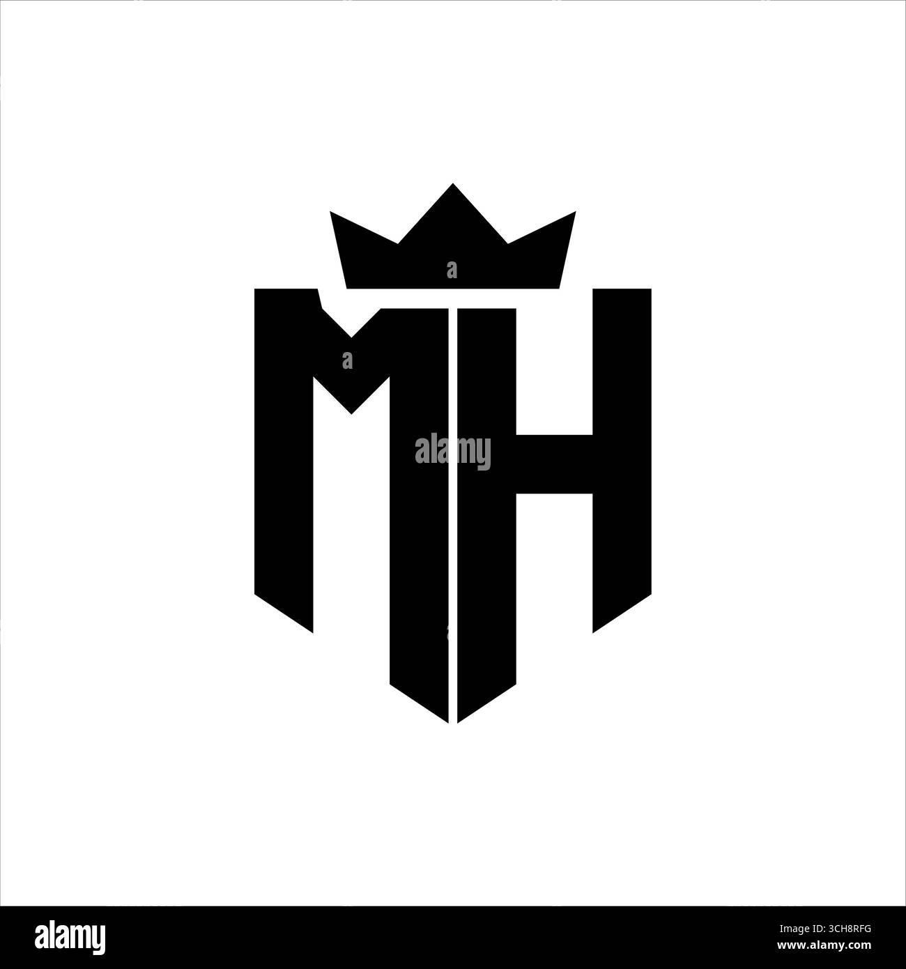Vektorbild des MH-Logos eines Schildes mit scharfem geometrischem Stil mit spitzer Krone und dicker Schriftart Stock Vektor