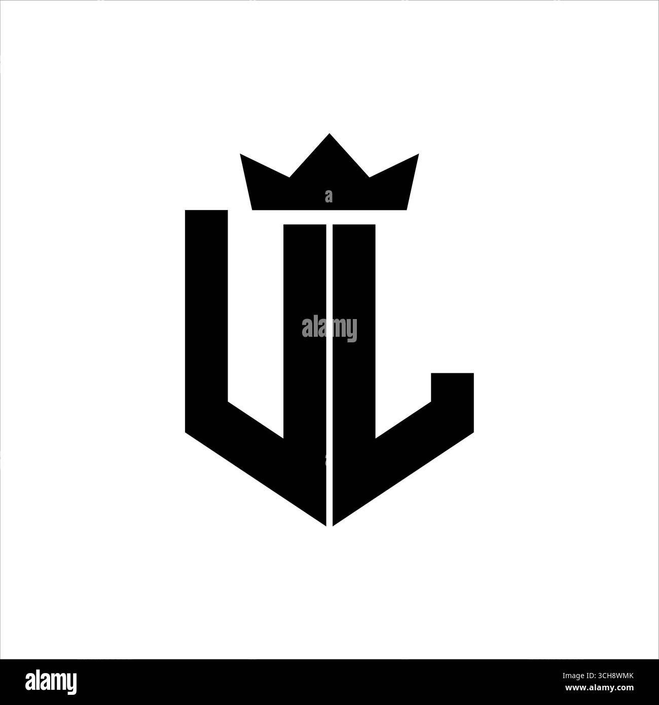 UL-Logo-Vektorbild eines Schildes mit einem scharfen geometrischen Stil mit einer spitzen Krone und dicker Schrift Stock Vektor