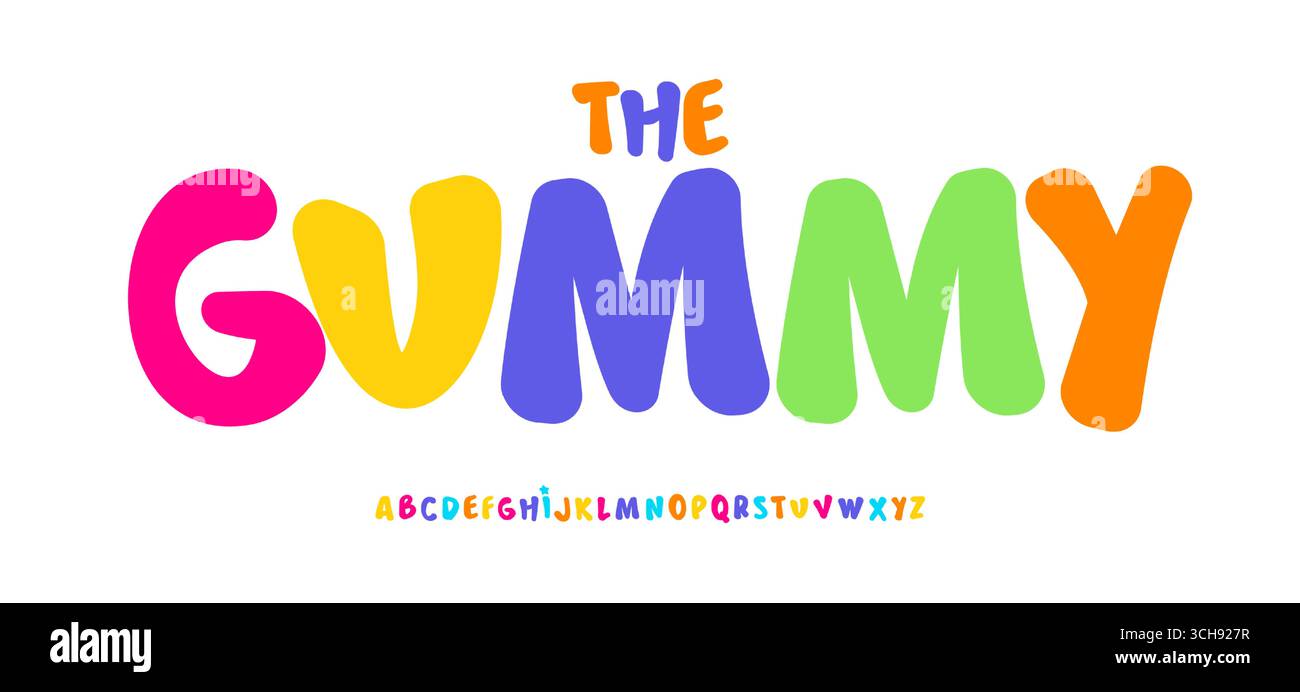 Süßes süßes Alphabet, weiche abgerundete Buchstaben, farbige Gummischrift für Geburtstagslogo, Vorschulschild-Überschrift, süßes typografisches Design, moderner Cartoon Stock Vektor