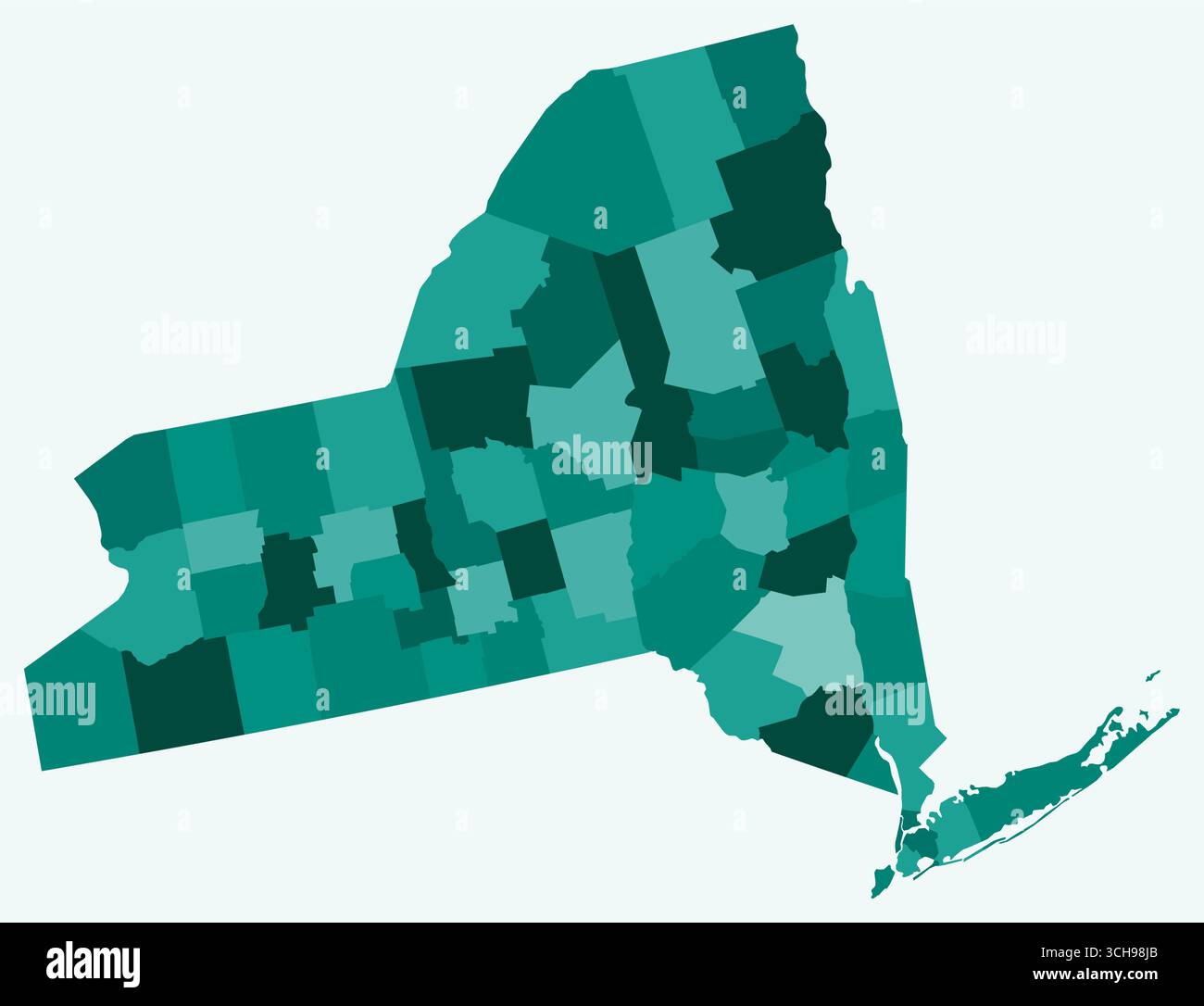 Karte von New York mit Countys. Nur eine einfache Grenzkarte mit Bezirksverteilung. Farbpalette Petrol. Stock Vektor