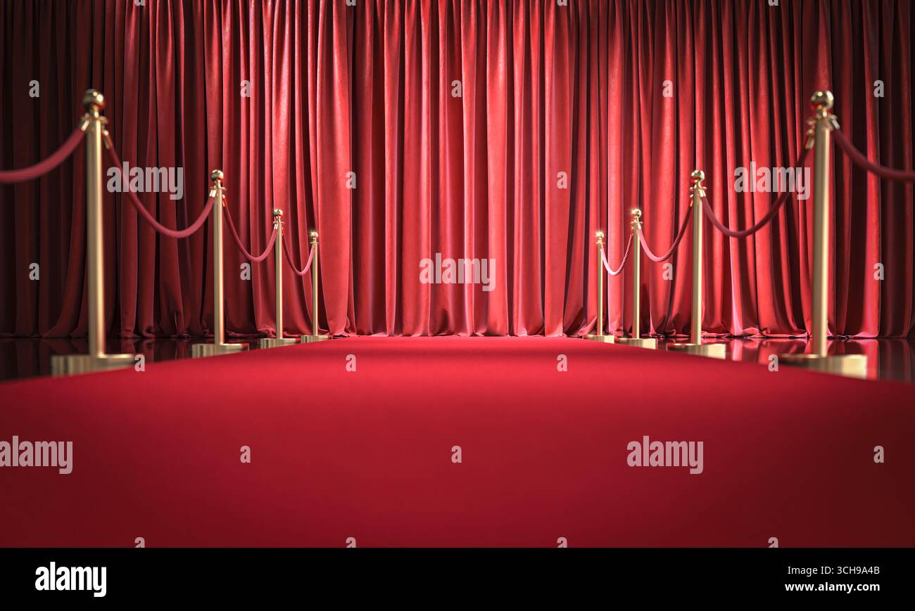 Roter Teppich 3. Bühnenvorhang mit goldenen Standrohren Stockfoto