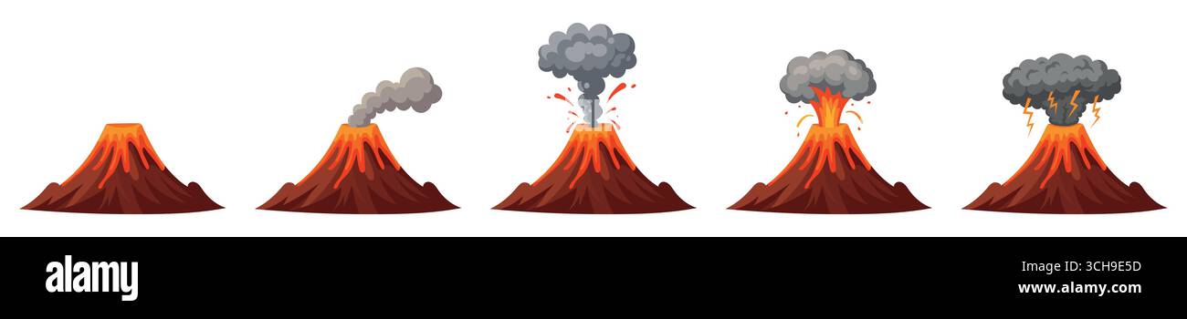 Vulkanausbruch Schritte isolierter Satz. Vektorgrafik-Design-Illustration. Stock Vektor