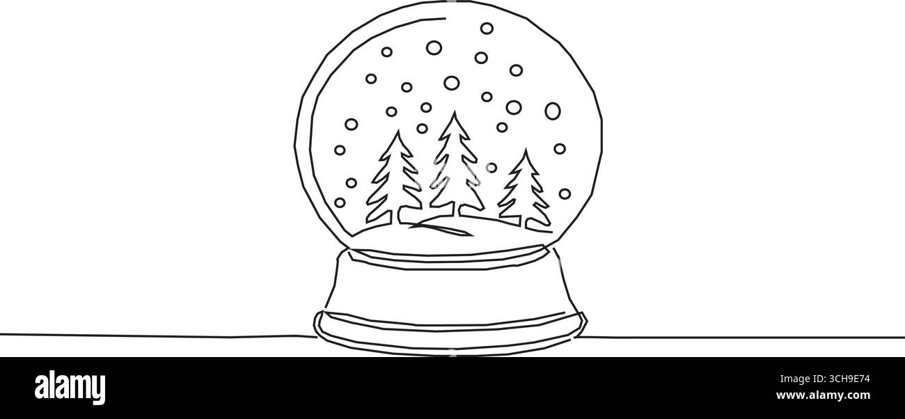 Durchgehende einzeilige Zeichnung der Schneekugel mit Wirbel-Design innen, Baum und Schnee repräsentieren die Magie des Winters, Linie Art Stil Vektor Illustration. Stock Vektor