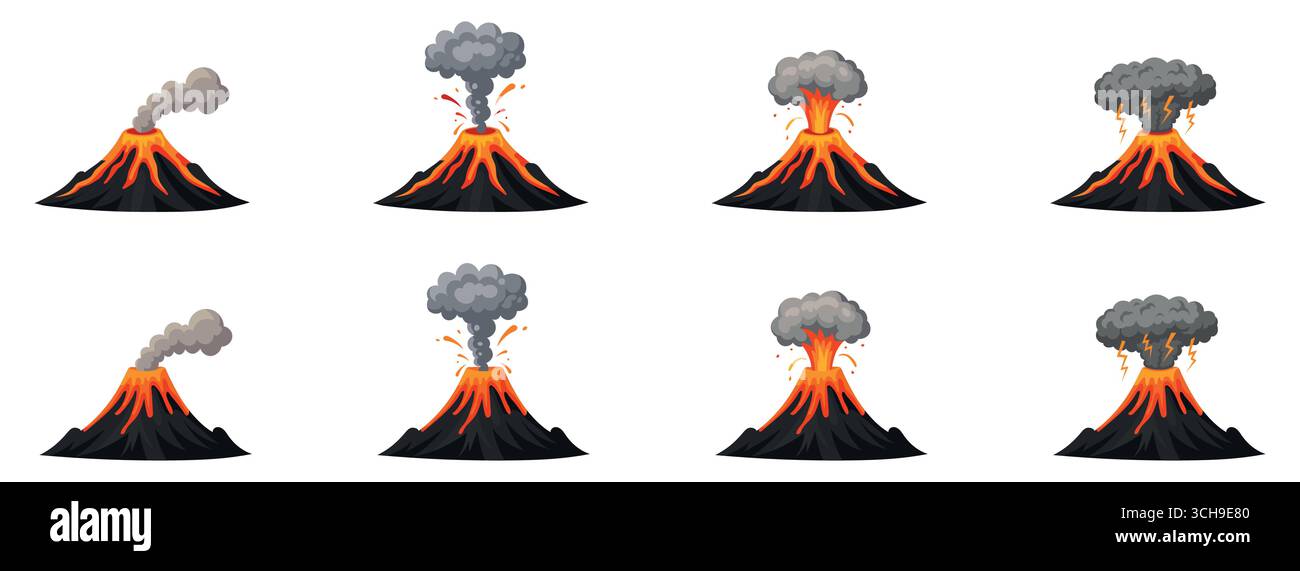 Vulkanausbruch Schritte isolierter Satz. Vektorgrafik-Design-Illustration. Stock Vektor