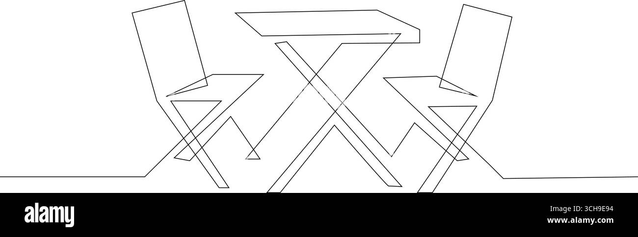 Gartenstühle und Tisch in durchgehendem Stil mit Strichkunst. Außenmöbel, schwarze lineare Skizze, isoliert auf weißem Hintergrund. Stock Vektor