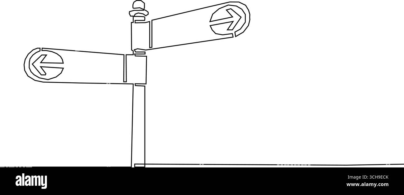 Durchgehende, einzeilige Zeichnung der Pfeile für die Fahrtrichtung. Richtungsschildertafel an der Stange handgezeichnet links und rechts Pfeilschild Vektor-Illustration Stock Vektor