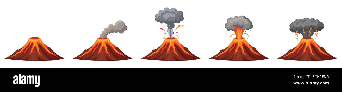 Vulkanausbruch Schritte isolierter Satz. Vektorgrafik-Design-Illustration. Stock Vektor