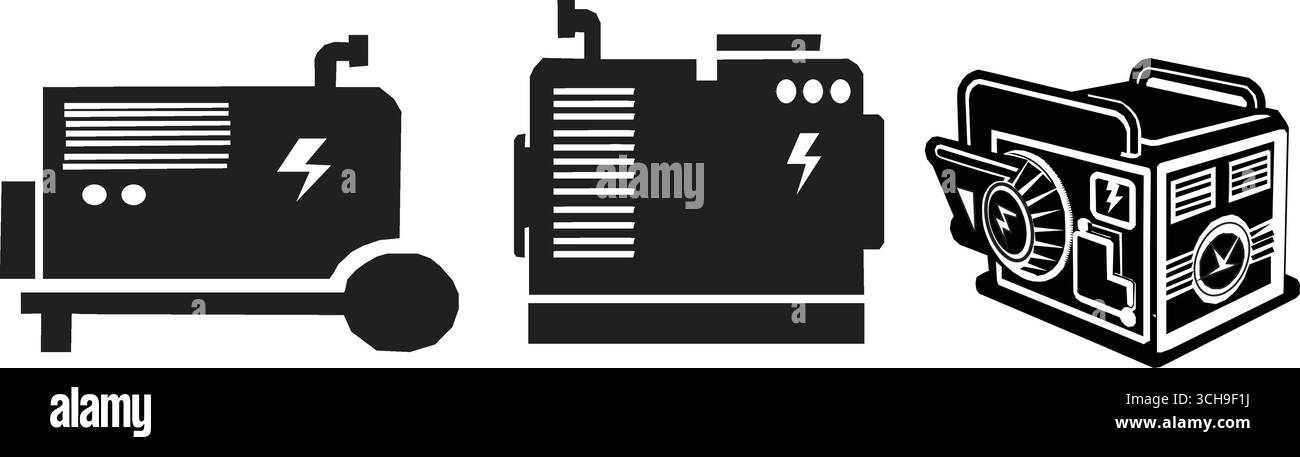 Silhouette des Vektorsatzes des Generators, Illustration auf weißem Hintergrund. Stock Vektor