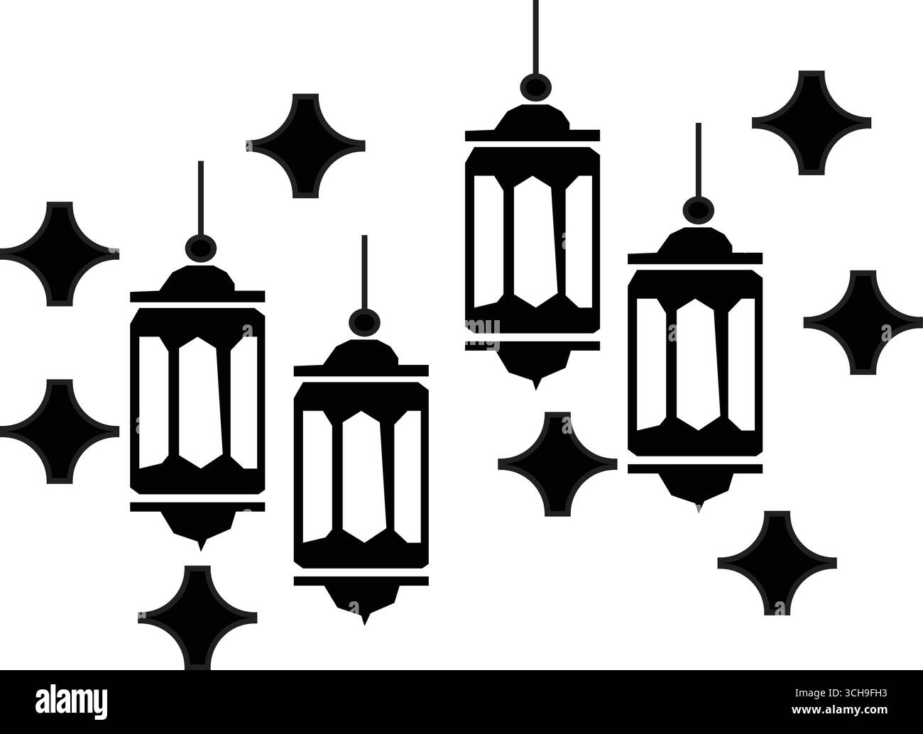 Minimalistische schwarze Silhouette Illustration von vier hängenden islamischen Laternen mit subtilen Sternendetails. Elegantes Design für Ramadan Kareem, Eid, Festival. Stock Vektor