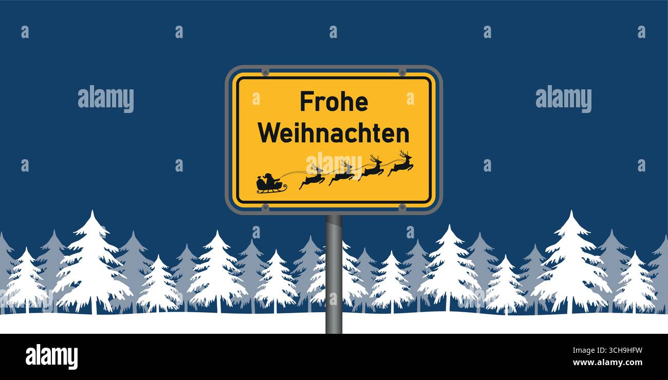 Platzieren Sie Schild mit deutschem Text Frohe weihnachten in der verschneiten Winterlandschaft Vektor-Illustration Stock Vektor