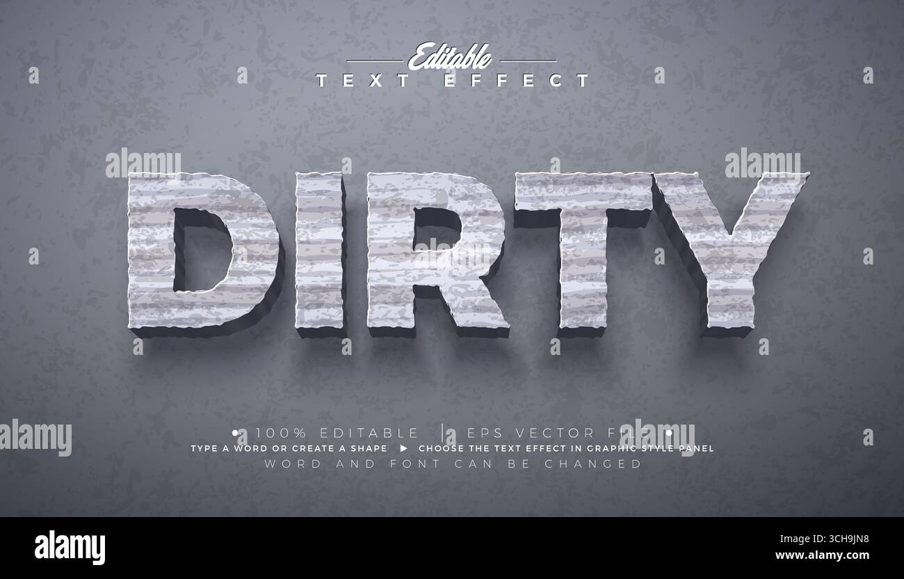 Dirty Editable Texteffekt Design Grafikstil mit 3D-wischender Typografie und Schatten auf grauem Hintergrund. Skalierbarer Vector Premium Stock Vektor
