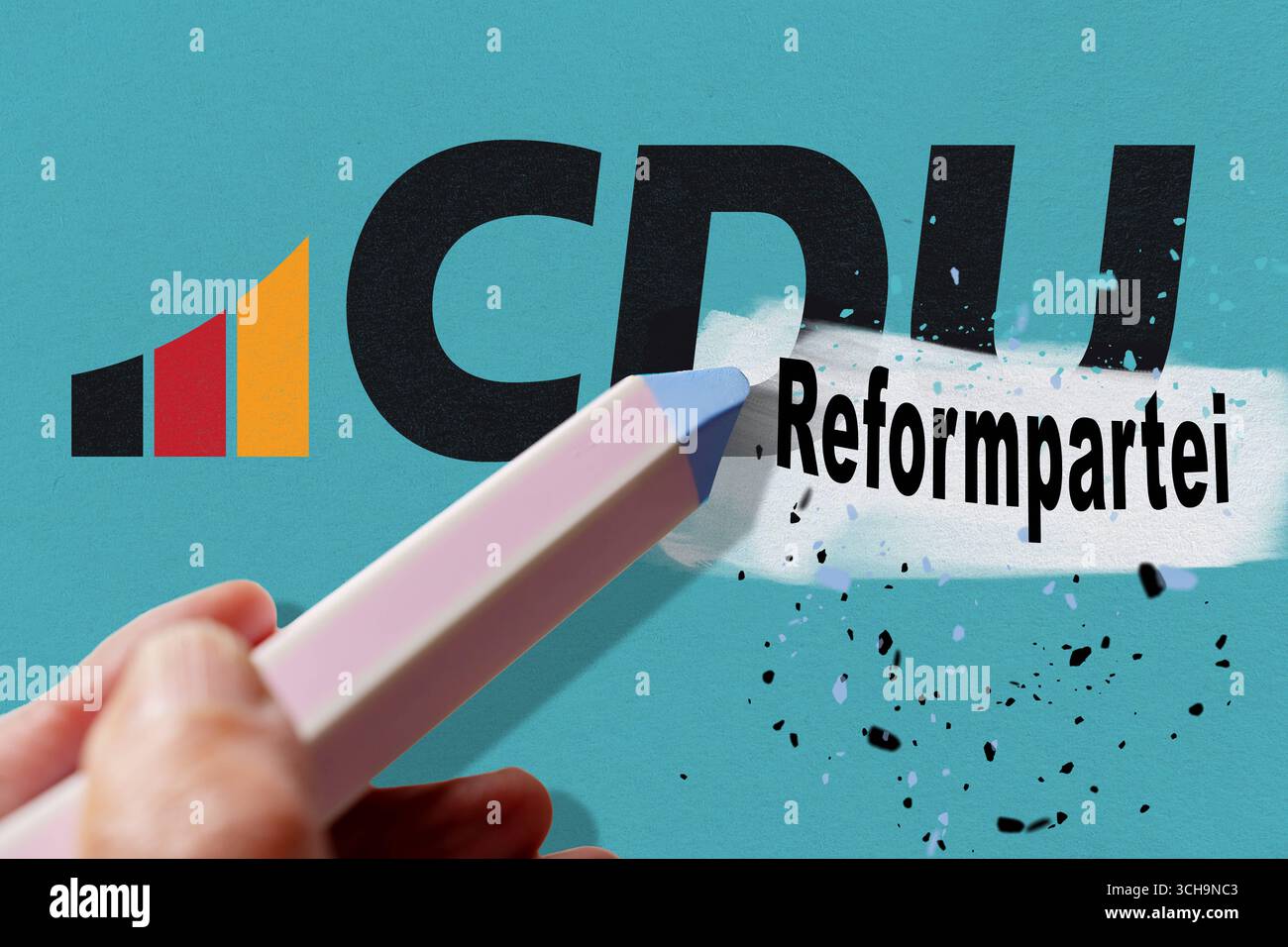 Deutschland - 29. August 2025: FOTOMONTAGE, ein Radierer enthüllt den Begriff Reformpartei im CDU-Logo. Symbol des politischen Wandels, Debatten um Erneuerung und die Bedeutung der Herbstreform in Deutschland. *** FOTOMONTAGE, ein Radiergummi lässt den Begriff Reformpartei aus dem CDU-Logo erscheinen. Symbol für politische Veränderungen, Debatten um Erneuerung und den Stellenwert der Herbstreform in Deutschland. Stockfoto