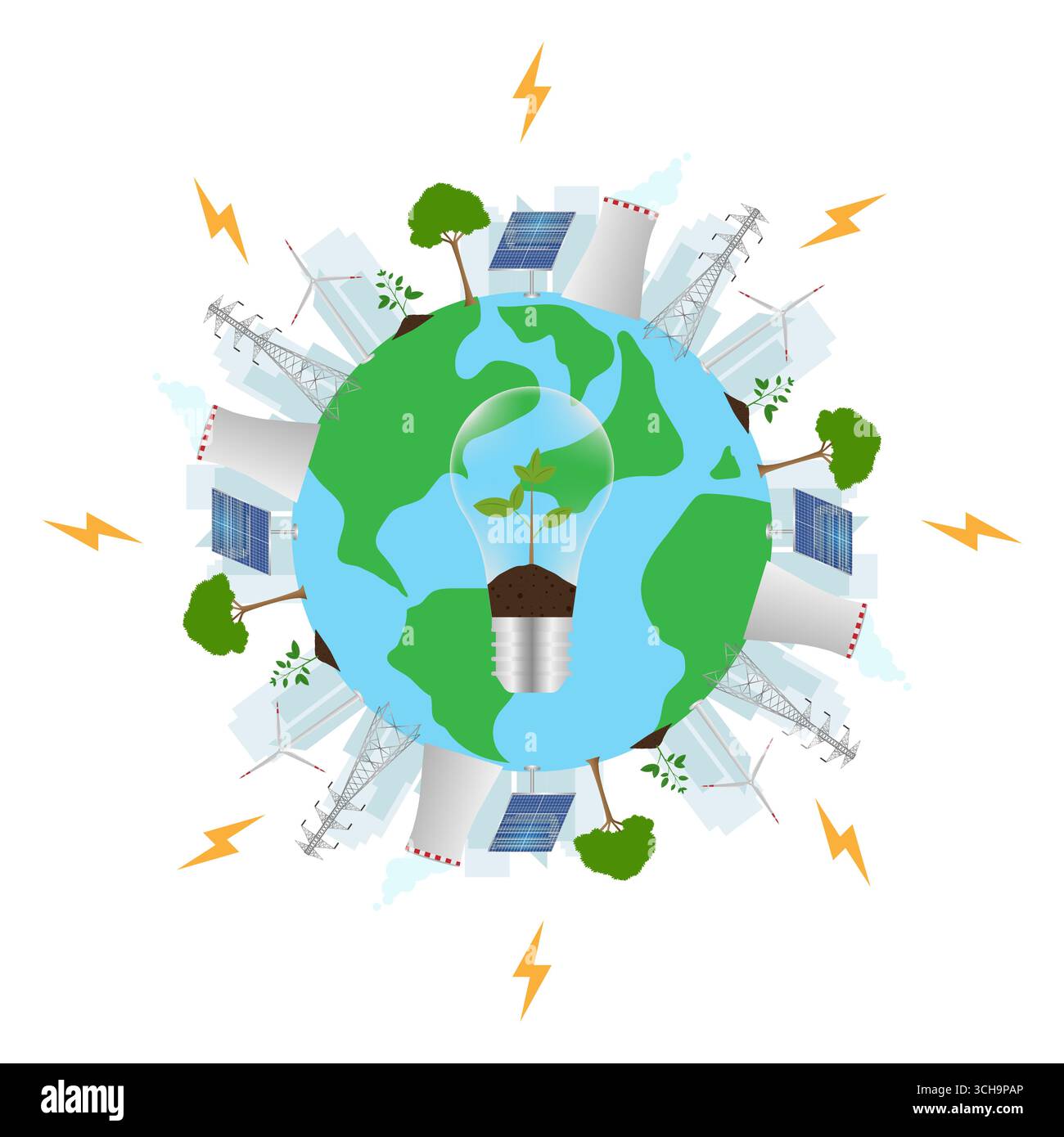 Umweltfreundliche Energieeinsparung. Sparen Sie Energie. Grüne Energie. Grüne Stadt. Grüne Welt. Green Park. Retten Sie Die Welt. Umweltfreundliche Stadt. Stock Vektor