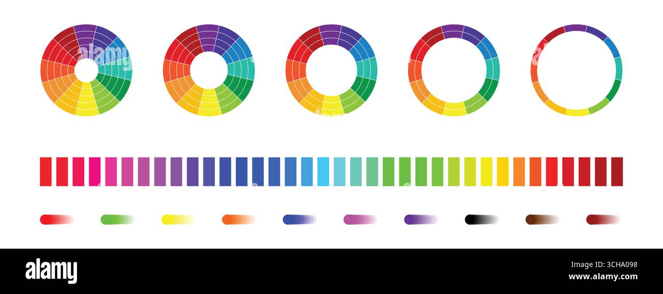 Farbe Radführung. Isolierte Blumenmuster und Farbmuster. CMYK- und RGB-Farbtöne. Set aus verschiedenen Farbkreisen. Infografik-Element runde Form Stock Vektor
