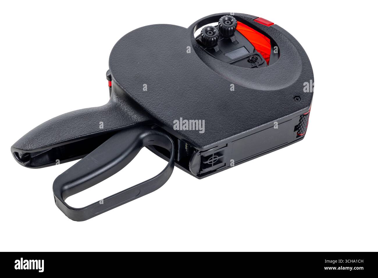 Handpistole mit Preisetikett in Rot und Schwarz für den Einzelhandel isoliert auf weiß Stockfoto